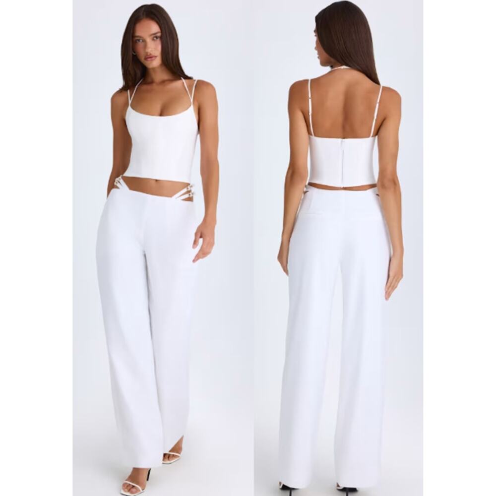 NWT Oh Polly Zaria Belted Cut-Out Wide-Leg Trousers Pants White Women's US 10